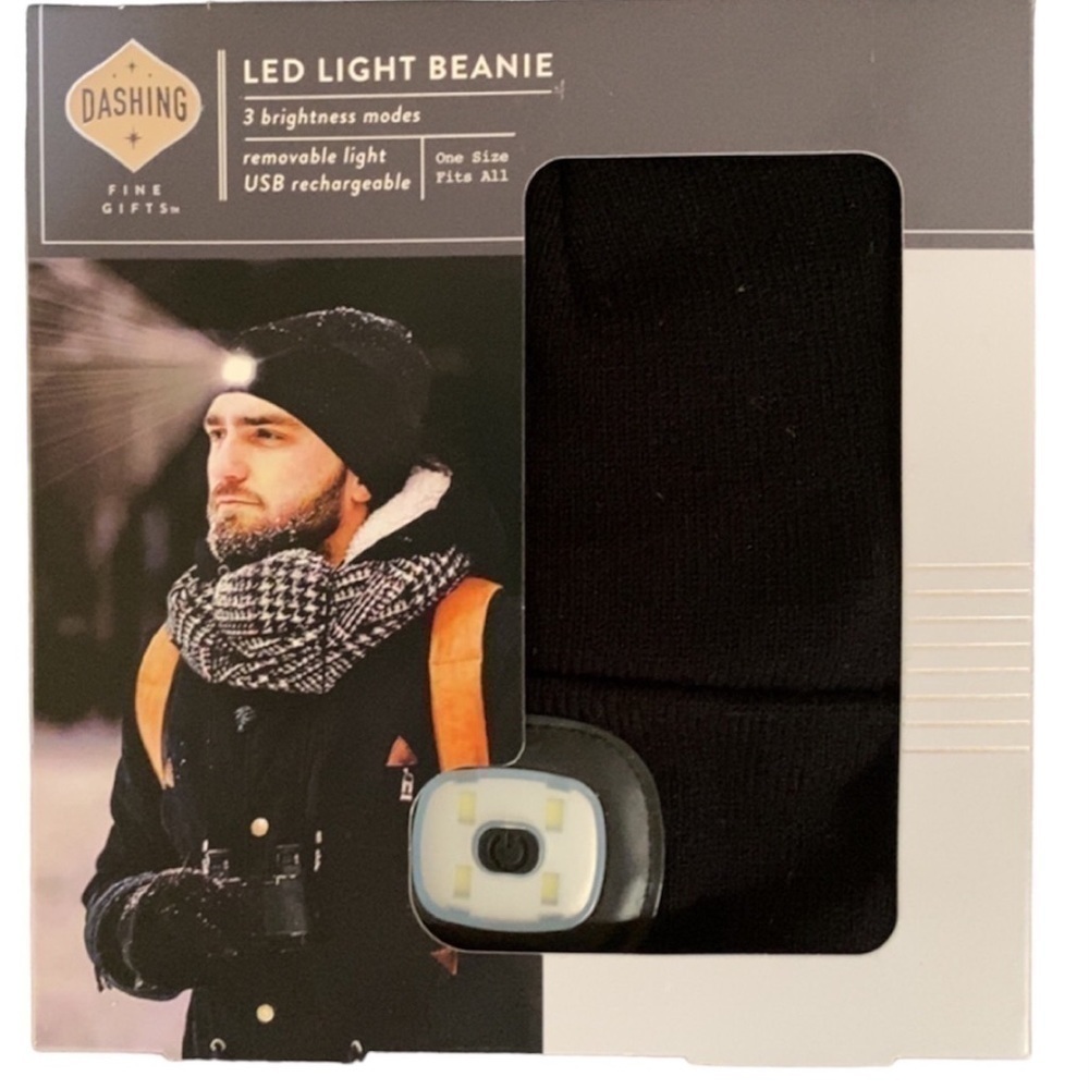 3 brightness modes LED LIGHT BEANIE
removable light USB rechargeable OS